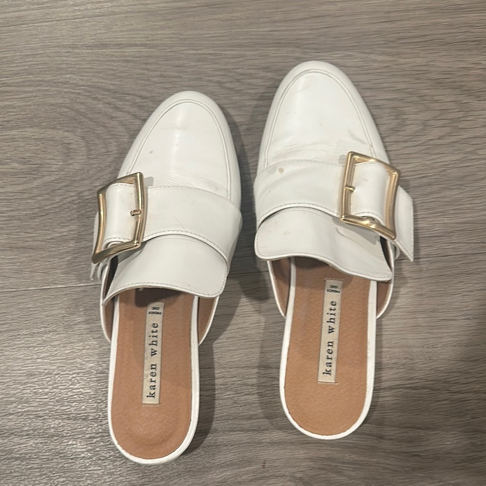Women's White Mules with Gold Buckle